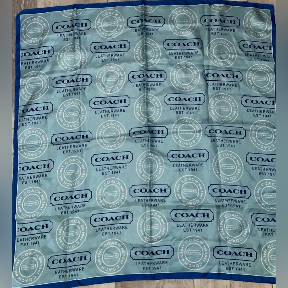 COACH SIGNATURE C’s LEATHERWARE EST 1941 SILK SQUARE LOGO SCARF BLUE NWT
